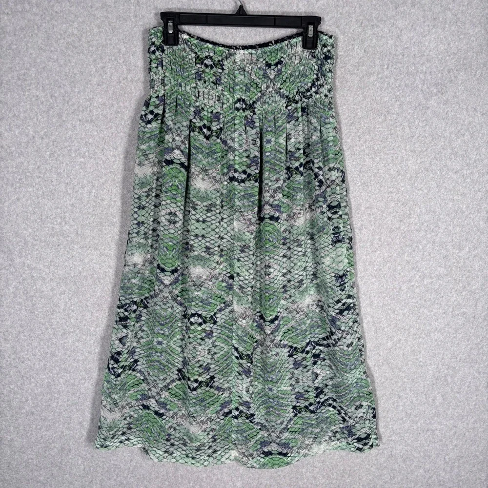 Cabi Reversible Midi Skirt Small Green Navy Snakeskin Abstract Smocked Waist 764